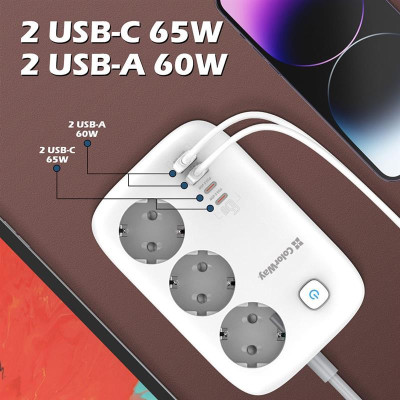 Фільтр живлення ColorWay CW-CHE34PDW GaN3 Pro PD 65W (2USB-A + 2 TYPE-C) 3 розетки, 4 USB, 2 м, білий Фільтр живлення ColorWay CW-CHE34PDW GaN3 Pro PD 65W (2USB-A + 2 TYPE-C) 3 розетки, 4 USB, 2 м, білий