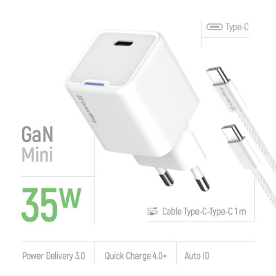 Мережевий зарядний пристрій ColorWay GaN Mini 35W PD Port PPS USB-C White (CW-CHS056PDC-WT) + кабель USB Type-C Мережевий зарядний пристрій ColorWay GaN Mini 35W PD Port PPS USB-C White (CW-CHS056PDC-WT) + кабель USB Type-C