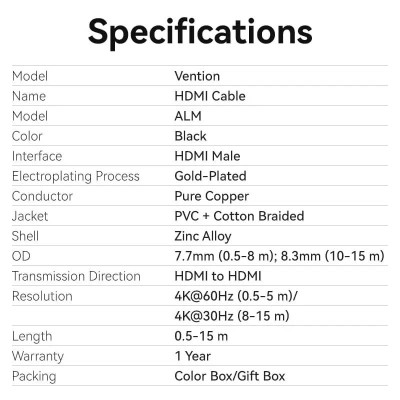 Кабель Vention HDMI - HDMI V 2.0 (M/M), 2 м, Black (ALMBH) Кабель Vention HDMI - HDMI V 2.0 (M/M), 2 м, Black (ALMBH)