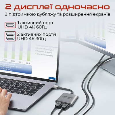 Адаптер Promate MediaLink-H2 USB Type-C - 2xHDMI (M/F) Grey Адаптер Promate MediaLink-H2 USB Type-C - 2xHDMI (M/F) Grey
