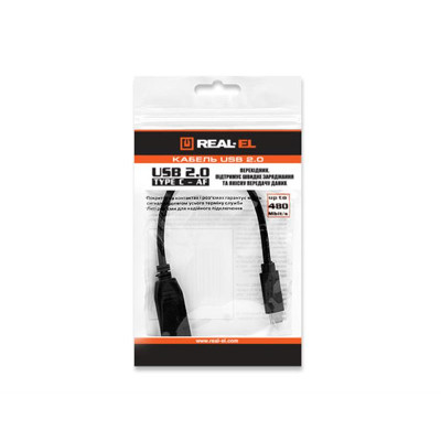 Кабель REAL-EL USB Type-C - USB V 2.0 (M/F), 0.1 м, чорний (EL123500017) Кабель REAL-EL USB Type-C - USB V 2.0 (M/F), 0.1 м, чорний (EL123500017)