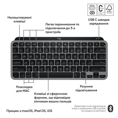 Клавіатура бездротова Logitech MX Keys Mini for Mac Minimalist Wireless Illuminated Space Gray (920-012652) Клавіатура бездротова Logitech MX Keys Mini for Mac Minimalist Wireless Illuminated Space Gray (920-012652)