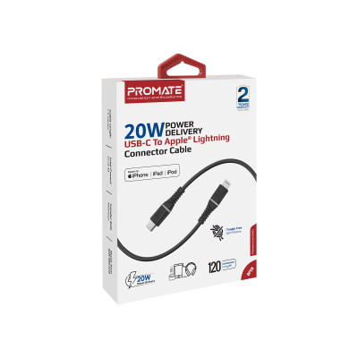 Кабель Promate PowerLine-Ci120 USB Type-C - Lightning (M/M), 2.2 A, 20 W, 1.2 м, Black Кабель Promate PowerLine-Ci120 USB Type-C - Lightning (M/M), 2.2 A, 20 W, 1.2 м, Black