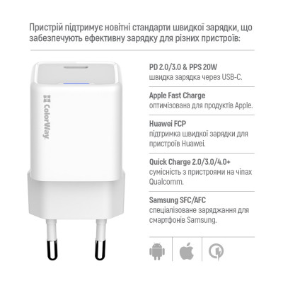 Мережевий зарядний пристрій ColorWay GaN Mini 20W PD Port PPS USB-C White (CW-CHS059PD-WT)