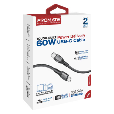 Кабель Promate USB Type-C - USB Type-C (M/M), 3A, 60W, 2 м, Black (ecoline-cc200.black) Кабель Promate USB Type-C - USB Type-C (M/M), 3A, 60W, 2 м, Black (ecoline-cc200.black)
