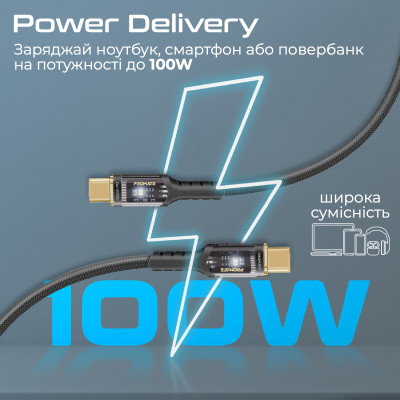 Кабель Promate Lucidline-CC200 USB Type-C - USB Type-C (M/M), 5 A, 100 W, 2 м, Black Кабель Promate Lucidline-CC200 USB Type-C - USB Type-C (M/M), 5 A, 100 W, 2 м, Black