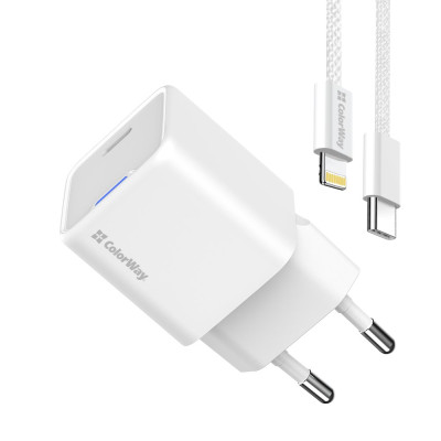 Мережевий зарядний пристрій ColorWay GaN Mini 20W PD Port PPS USB-C White (CW-CHS059PD-WT) + кабель Lightning Мережевий зарядний пристрій ColorWay GaN Mini 20W PD Port PPS USB-C White (CW-CHS059PD-WT) + кабель Lightning