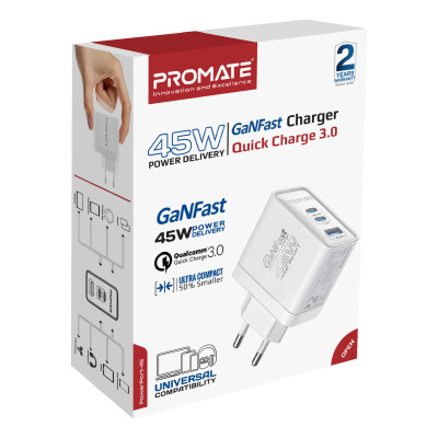 Зарядний пристрій Promate PowerPort 45W White Зарядний пристрій Promate PowerPort 45W White