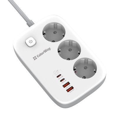 Фільтр живлення ColorWay CW-CHE34PDW GaN3 Pro PD 65W (2USB-A + 2 TYPE-C) 3 розетки, 4 USB, 2 м, білий Фільтр живлення ColorWay CW-CHE34PDW GaN3 Pro PD 65W (2USB-A + 2 TYPE-C) 3 розетки, 4 USB, 2 м, білий