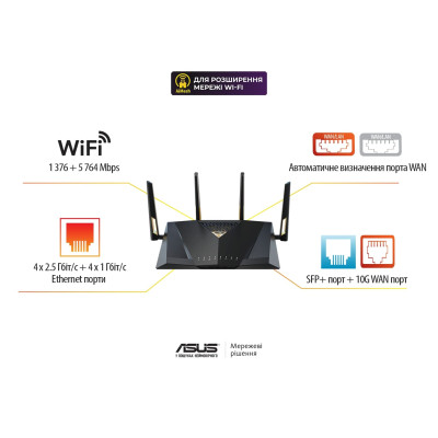 Маршрутизатор ASUS RT-BE88U BE7200 4xGE LAN, 3x2.5GE WAN, 1x2.5GE WAN/LAN. 1x10GE WAN/LAN, 1xSFP+, 1xUSB3.2, MESH Маршрутизатор ASUS RT-BE88U BE7200 4xGE LAN, 3x2.5GE WAN, 1x2.5GE WAN/LAN. 1x10GE WAN/LAN, 1xSFP+, 1xUSB3.2, MESH