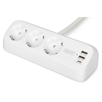 Блок розеток DIGITUS Office, 3xSchuko, 2xUSB-A, 1xUSB-C, 16A, 1.5м, вилка Schuko, білий