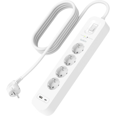 Удлинитель сетевой Belkin 2м, 4хТипF, 16А, USB-A/USB-C 18Вт, фильтр, белый