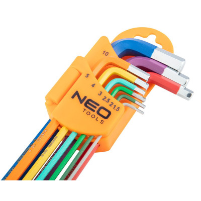 Ключі шестигранні Neo Tools, кулястий наконечник, кольорові, сталь S2, 1.5-10мм, набір 9шт