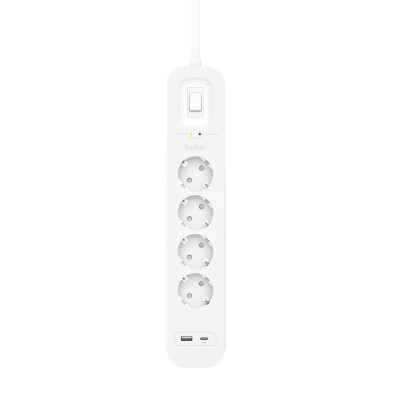 Удлинитель сетевой Belkin 2м, 4хТипF, 16А, USB-A/USB-C 18Вт, фильтр, белый