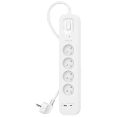 Подовжувач мережевий Belkin 2м, 4хТипE, 16А, USB-A/USB-C 18Вт, фільтр, білий