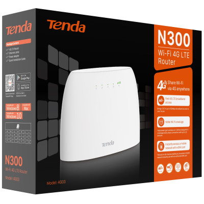 Маршрутизатор TENDA 4G03 N300, 4G/LTE, 1xFE LAN, 1xFE LAN/WAN, Cлот для SIM-карти Маршрутизатор TENDA 4G03 N300, 4G/LTE, 1xFE LAN, 1xFE LAN/WAN, Cлот для SIM-карти