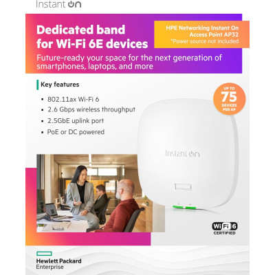 Точка доступу HPE Aruba Instant On AP32, DR2x2:2, Wi-Fi 6E, 1x2.5GE port, RND75, Indoor