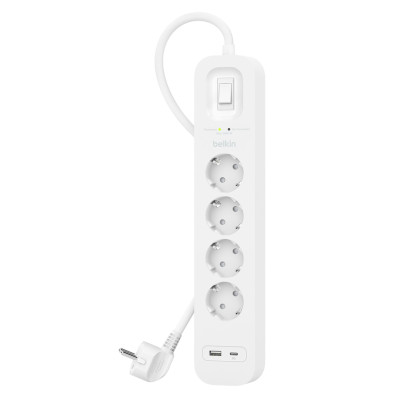 Удлинитель сетевой Belkin 2м, 4хТипF, 16А, USB-A/USB-C 18Вт, фильтр, белый