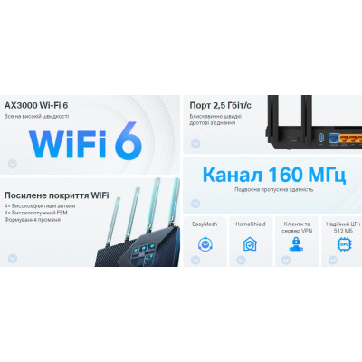 Маршрутизатор TP-LINK ARCHER AX55 PRO AX3000, 3xGE LAN, 1xGE WAN/LAN, 1x2.5GE WAN/LAN, 1xUSB 3.0, MESH Маршрутизатор TP-LINK ARCHER AX55 PRO AX3000, 3xGE LAN, 1xGE WAN/LAN, 1x2.5GE WAN/LAN, 1xUSB 3.0, MESH