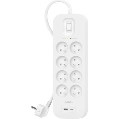 Подовжувач мережевий Belkin 2м, 8хТипE, 16А, USB-A/USB-C 18Вт, фільтр, білий