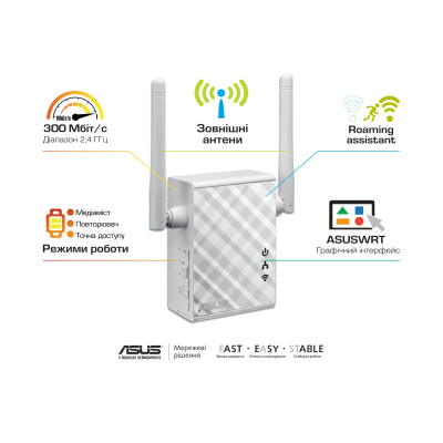 Розширювач покриття WiFi ASUS RP-N12 N300 1хFE LAN Розширювач покриття WiFi ASUS RP-N12 N300 1хFE LAN