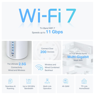 Система WiFi-Mesh TP-LINK Deco BE65 BE11000, 4x2.5GE LAN/WAN, 1xUSB 3.0, 3 мод