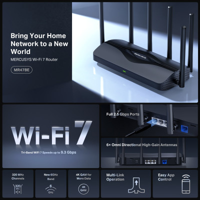 Маршрутизатор MERCUSYS MR47BE BE9300, 3x2.5GE LAN, 1x2.5GE WAN
