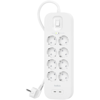 Подовжувач мережевий Belkin 2м, 8хТипF, 16А, USB-С/USB-C 30Вт, фільтр, білий
