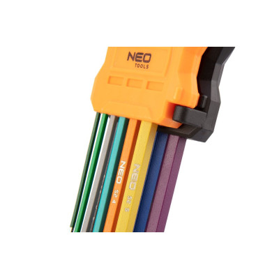 Ключі шестигранні Neo Tools, кулястий наконечник, кольорові, сталь S2, 1.5-10мм, набір 9шт