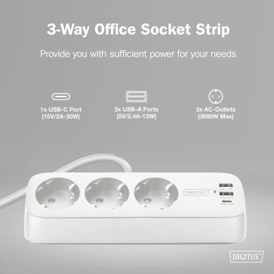 Блок розеток DIGITUS Office, 3xSchuko, 2xUSB-A, 1xUSB-C, 16A, 1.5м, вилка Schuko, білий