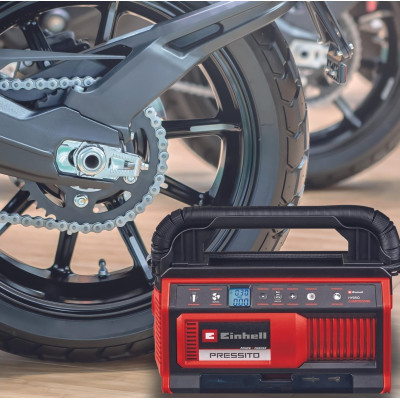Компресор автомобільний гібридний Einhell PRESSITO 18/25 Hybrid, PXC, 230/18В, 11бар, 25л/хв, вис. і низьк. тиск, можливість всмоктування, шланг 710мм, 2.05кг, без АКБ та ЗП