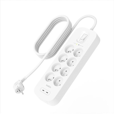 Подовжувач мережевий Belkin 2м, 8хТипE, 16А, USB-A/USB-C 18Вт, фільтр, білий