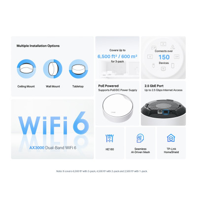 Система WiFi-Mesh TP-LINK Deco X50 AX3000, 1xGE LAN/WAN, 1x2,5GE LAN/WAN, 3мод, PoE