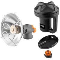 Обігрівач газовий туристичний Neo Tools, 92г/год, картриджний, регулятор, п'єзопідпал, чорний