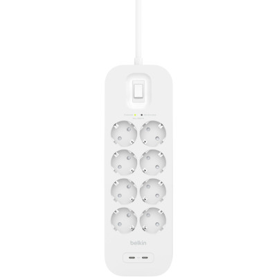 Подовжувач мережевий Belkin 2м, 8хТипF, 16А, USB-С/USB-C 30Вт, фільтр, білий