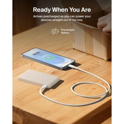 Акумулятор портативний літій-іонний Power Bank Belkin 5000мА·год, 15Вт/Qi2 7.5Вт, Slim Magnetic Ring, пісочний