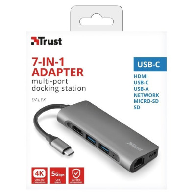 Хаб Trust Dalyx 7-IN-1 USB-С > 2xUSB-А 3.2/USB-С/HDMI/Ehernet/SD/microSD, Алюміній, 0.25м, Сірий