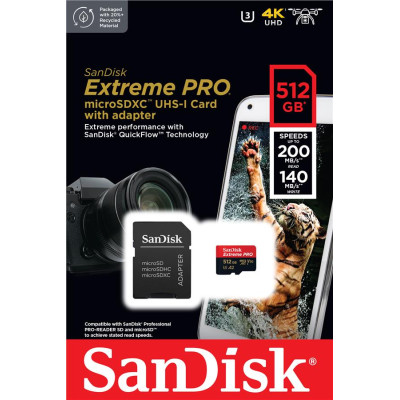 Карта пам'яті SanDisk microSD 512GB C10 UHS-I U3 R200/W140MB/s Extreme Pro V30 + SD Карта пам'яті SanDisk microSD 512GB C10 UHS-I U3 R200/W140MB/s Extreme Pro V30 + SD
