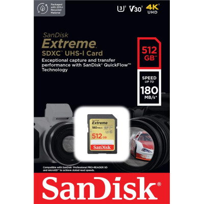 Карта пам'яті SanDisk SD 512GB C10 UHS-I U3 R180/W130MB/s Extreme V30 Карта пам'яті SanDisk SD 512GB C10 UHS-I U3 R180/W130MB/s Extreme V30