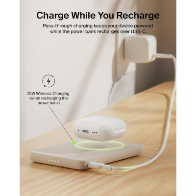 Акумулятор портативний літій-іонний Power Bank Belkin 5000мА·год, 15Вт/Qi2 7.5Вт, Slim Magnetic Ring, пісочний