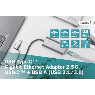 Адаптер DIGITUS USB-C/USB 3.0 - 2.5 Gbps Ethernet Адаптер DIGITUS USB-C/USB 3.0 - 2.5 Gbps Ethernet