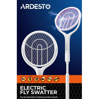 Електричний знищувач комах ARDESTO, сітка 2800 В, акум. 1800 мА•год, USB-С > USB-A, телескопічна ручка, білий