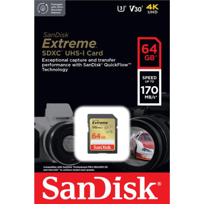 Карта пам'яті SanDisk SD 64GB C10 UHS-I U3 R170/W80MB/s Extreme V30 Карта пам'яті SanDisk SD 64GB C10 UHS-I U3 R170/W80MB/s Extreme V30
