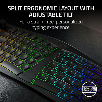 Клавіатура мембранна Razer Pro Type Ergo, 118key, USB-A/WL/BT, EN, RGB, чорний