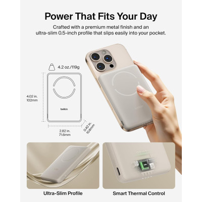 Акумулятор портативний літій-іонний Power Bank Belkin 5000мА·год, 15Вт/Qi2 7.5Вт, Slim Magnetic Ring, пісочний