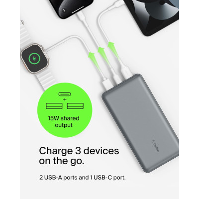 Акумулятор портативний літій-іонний Power Bank Belkin 20000мА·год, 15Вт, 2хUSB-A/USB-C, cірий Акумулятор портативний літій-іонний Power Bank Belkin 20000мА·год, 15Вт, 2хUSB-A/USB-C, cірий