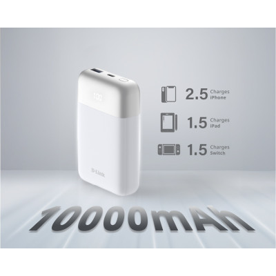 Акумулятор портативний літій-іонний Power Bank D-Link 10000мА*год 18Вт 1xUSB-A, 1xUSB-C, білий Акумулятор портативний літій-іонний Power Bank D-Link 10000мА*год 18Вт 1xUSB-A, 1xUSB-C, білий