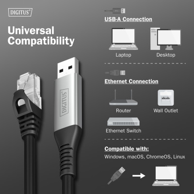 Кабель DIGITUS Ethernet USB-A - RJ45 CAT 6A S/FTP, 1 Gbit/s, 3m, LSZH