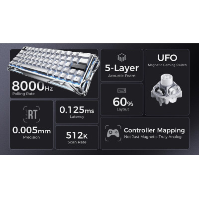 Клавіатура магнітна GravaStar Mercury V60 Pro 60keys, GravaStar Blackcore, USB-A, 8k, RGB, Chrome Silver