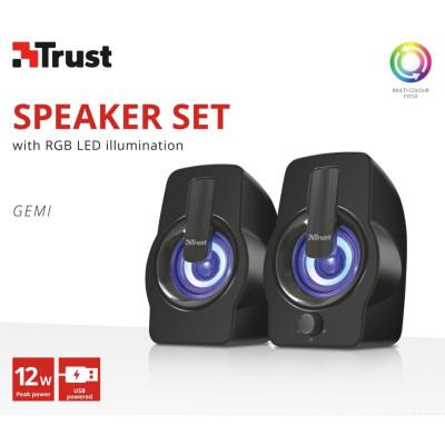 Акустична система Trust Gemi 2.0, USB/AUX, RGB, чорний Акустична система Trust Gemi 2.0, USB/AUX, RGB, чорний